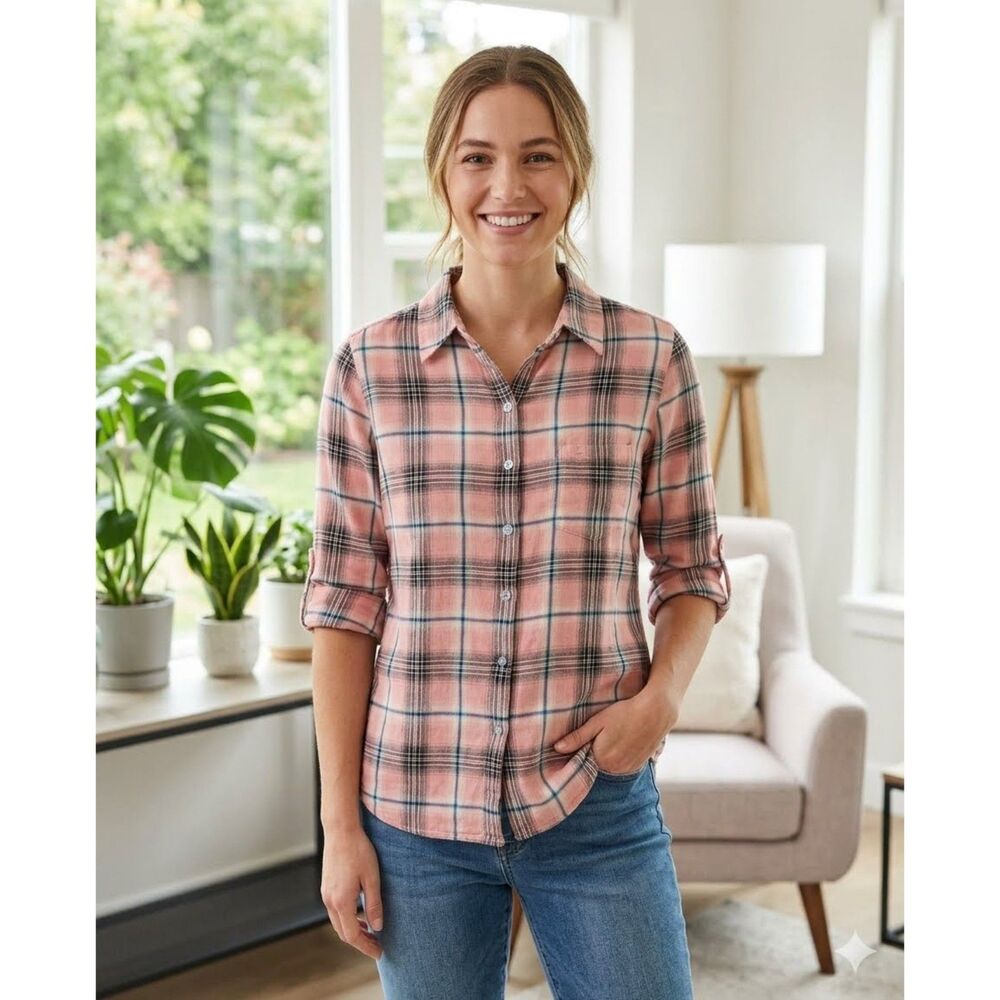 Karen Kane Top Womens XS Pink Plaid Roll Tab Button Up Long Sleeve Preppy Shirt